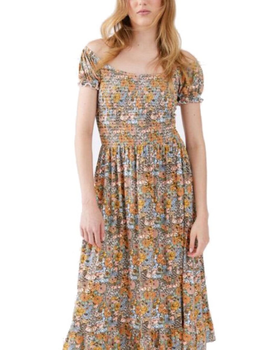Urban Outfitters Tessie Smocked Puff Sleeve Floral Print Midi Dress